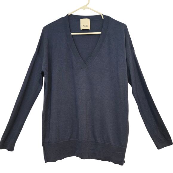 ALLUDE Blue 100% Virgin Wool Deep V-Neck Oversized Slouchy Classic Sweater, XS - Picture 2 of 9